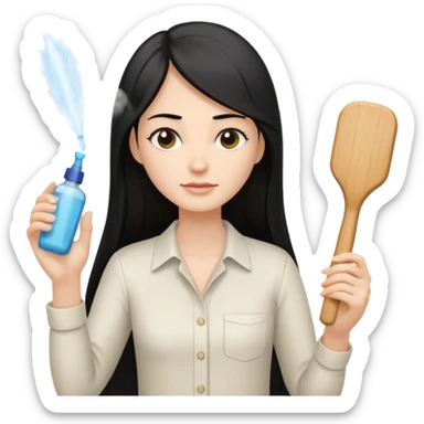 A white woman with long, straight black hair, wearing an ivory-colored shirt, holding a small square wooden paddle hairbrush in her left hand and spraying a hair mist bottle with her right hand toward her hair. sticker