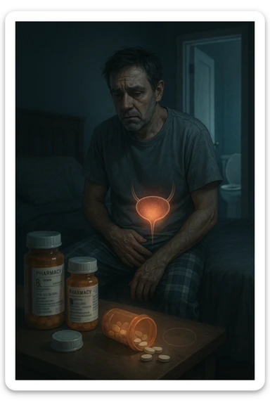 A middle-aged man sits on the edge of his bed in a dimly lit bedroom, looking exhausted and frustrated. On the nightstand beside him are several prescription pill bottles, loosely organized, some open — suggesting long-term medication use. In the background, the bathroom door glows softly, partially open, with a faint reflection of the toilet visible, indicating frequent nighttime trips. The man wears a loose T-shirt and pajama pants, his posture slightly curved as he gently touches his lower abdomen, symbolizing bladder discomfort. His eyes have dark circles, his expression is drained. The color palette is muted blues and greys, with a cinematic soft focus and ambient light highlighting emotional fatigue. A subtle overlay of pill labels and bladder imagery could be added for educational use. sticker