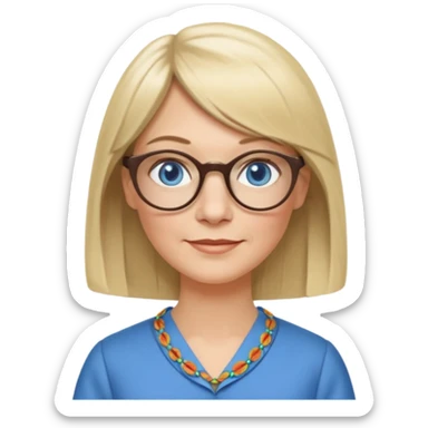 50 yr old white woman, hippie parted very long hair, short bangs, very long straight blond hair, oval face, small smile, blue eyes, thin face, hair downback, hair parted at center of head, round cheeks, pale, longer hair, business dress, long hair, big square glasses sticker