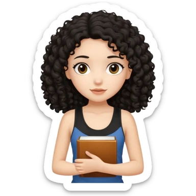 a pretty bratz fair girl with black curly hair in a brown tank top holding a book sticker
