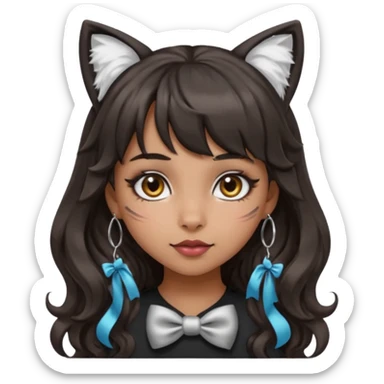 Remove the apple from the collar completely. Keep the bow or paw print, silver O-ring, bangs, bold makeup, medium Hispanic skin tone, long dark wavy hair, and cat ears in apple emoji style. sticker