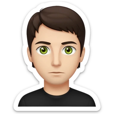 A man with olive green eyes, dark brown hair, fair skin tone, wearing a black shirt  sticker