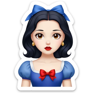 Cinematic Elegant Snow White Portrait Emoji, rendered in a realistic, vector-style with minimal shading and bold, simplified shapes. Depict Snow White (chest and above) with flawless porcelain skin, expressive deep brown eyes, and lustrous raven hair neatly styled with a red bow, wearing her classic blue and gold dress. The image glows with a soft, pure radiance and high shine, capturing timeless beauty and gentle grace. sticker