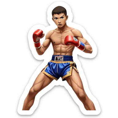Muay Thai traditional – Cinematic Realistic Traditional Muay Thai Fighter, depicted in authentic Muay Thai attire with arm bands and shorts, poised in a dynamic fighting stance in a traditional Thai stadium, rendered with vivid textures and dramatic, high-contrast lighting that accentuates the art’s intensity. sticker