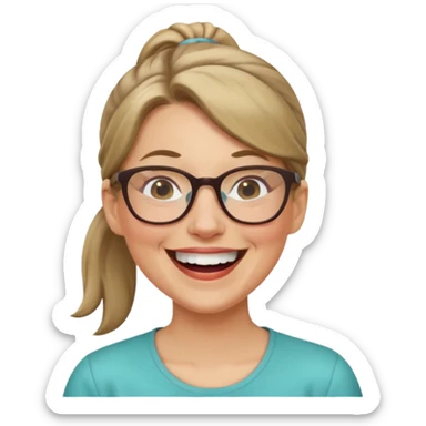 White 40 year old woman with dark blonde hair in a ponytail and glasses laughing sticker