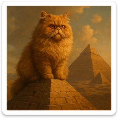 a detailed digital art of a Persian cat on top of an Egyptian pyramid sticker