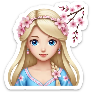 Turkish Girl with long blond hair with cherry blossom accessories on her hair with a long tailed cherry blossom designed dress on the ground and have blue eyes with beautiful finish  sticker