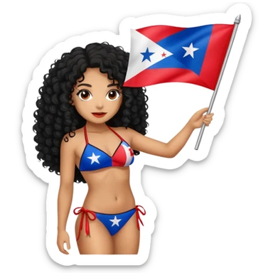 Tan skin girl with black curly hair holding a Puerto Rican flag while wearing a bikini sticker