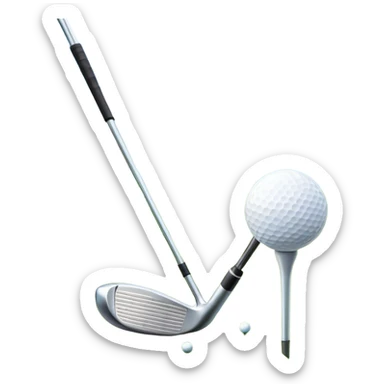 A golf ball on a tee, with a golf club placed beside it on the lush green fairway. The background shows a serene golf course with neatly trimmed grass and a clear blue sky, emphasizing the elegance and precision of the game. sticker