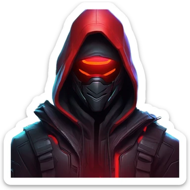 developer behind his laptop with this style : crysis Cyberpunk Valorant neon glowing bright red character dark red black hooded assassin themed character sticker