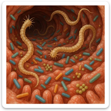 a medical illustration of a human realistic gut with bacteria and virus like worms sticker