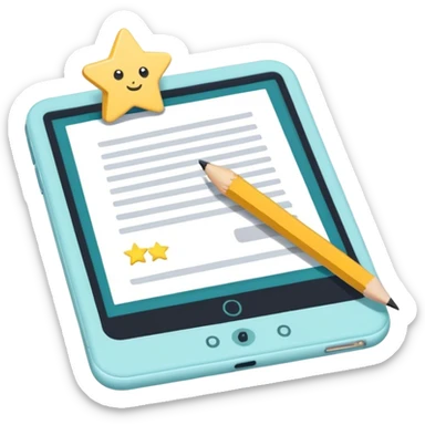 Create an emoji representing fanfiction writing. The design should feature an open notebook or digital device with visible text, symbolizing the creative process of writing fanfiction. Include elements like a pencil or pen nearby, and optionally, add a subtle reference to popular fictional characters or universes (like a small star, heart, or magical item) to indicate the fan aspect. Use a playful, imaginative color palette, blending vibrant tones with soft neutrals. Do not include any emojis or smiley faces. Make the background transparent. sticker