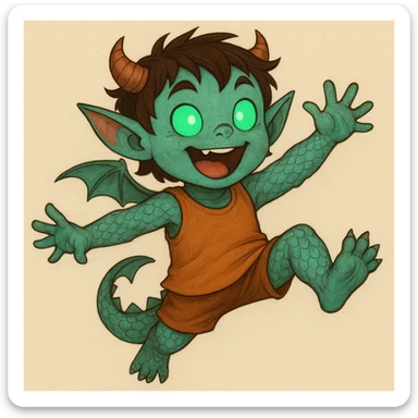 Give the kid a playful, energetic pose while keeping the blend of 60% dragon (scales, tail, tiny wings), 20% demon (small horns, pointed ears), and 20% alien (glowing eyes, odd skin tone). sticker