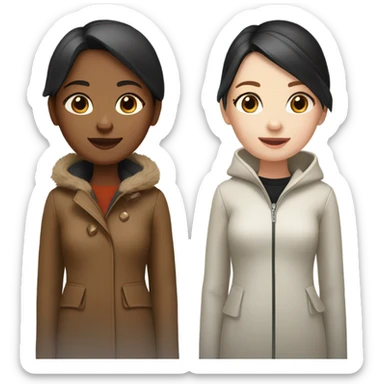 Two girls in winter coats walking- one with white skin black hair and the other with white skin and copper blonde hair  sticker