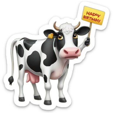 cow on two legs holding a sign that has “Happy Birthday Priya” sticker