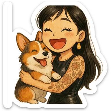 expressive emoji of an Asian girl wearing a black sleeveless leather dress with gold earrings, long hair with wispy deep side-parted bangs, false lashes, and a 3/4th sleeve tattoo on her left arm, hugging a happy tri-color Corgi, in Ghibli style sticker