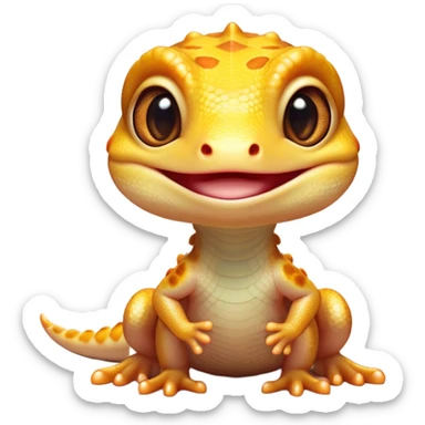 Cinematic Cute Gecko Portrait Emoji, Head tilted playfully and inquisitively, featuring a small, charming body with smooth, vividly patterned scales, bright, sparkling eyes and delicate, sticky toe pads, Simplified yet irresistibly adorable features, highly detailed, glowing with a warm, inviting glow, high shine, affectionate and lively, stylized with a touch of tropical whimsy, soft glowing outline, capturing the essence of a mischievous yet loving gecko that appears ready to dart out of the screen into your heart! sticker