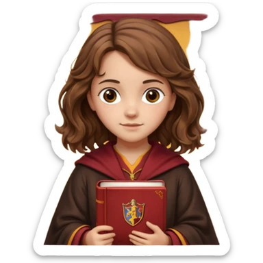 Illustrate Hermione Granger with wavy brown hair, Gryffindor robe & holding a book or wand sticker