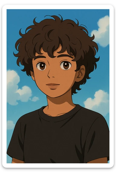 portrait of a young person with 2b dark brown curly hair, brown eyes and lips, morena skin, wearing a black t-shirt, ghibli style sticker