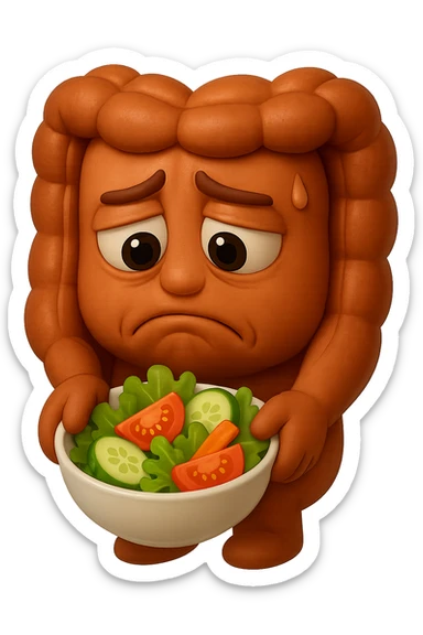 EMOJI STILE IPHONE DI UN INTESTINO UMANO ANATOMICO CHE GUARDA UN INSALATA CON ESPRESSIONE TRISTE E RASSEGNATA IN VOLTO: SOFFRE LA FAME PERCHé è A DIETA, FAGLI ANCHE LA PARTE BIANCA DEGLI OCCHI, NON SOLO LE PUPILLE, IPERREALISTICO 4K sticker