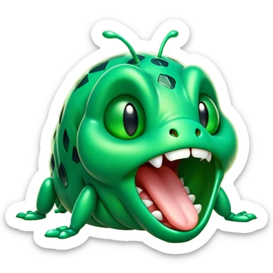 Cinematic Cute Yawning Green Bugdie Portrait Emoji, Head tilted slightly with a dramatic, wide-open yawn, showcasing a smooth, vibrant emerald exoskeleton with delicate patterns and tiny drooping antennae, round multifaceted eyes barely open in drowsy contentment, Simplified yet irresistibly adorable features, highly detailed, glowing with a soft, cozy glow, high shine, relaxed yet expressive, stylized with a touch of whimsy, bright and endearing, soft glowing outline, capturing the essence of a sleepy yet endearing insect, so drowsy it feels like it could stretch out of the screen and curl up for a nap! sticker