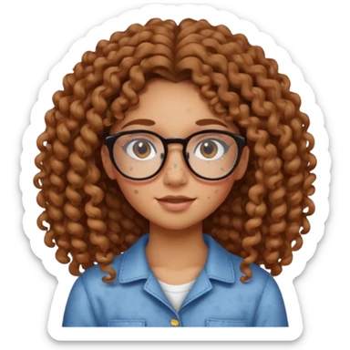 make a really curly hair, teen girl with glasses and little acne that looks like freckles longer like more than shoulder lengthcurly hair, and pretty withe makeup on giving clean girl vibes, and make her have tan skin more blush and really pretty, and the har is really really long

 sticker