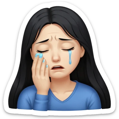 emoji of a woman with long black hair, crying, slumped posture, emotional distress sticker
