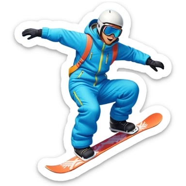 An icon featuring a snowboarder mid-jump, performing a stylish trick above a snowy mountain slope. The background showcases powdery snow, evergreen trees, and a bright blue sky. Transparent background captures the energy, skill, and thrill of snowboarding. sticker