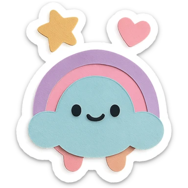 adorable pastel tiny rainbow, floating star and heart, no arms or legs, full body, kawaii paper craft style sticker