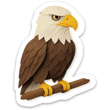 close-up of a bald eagle perched on a branch, fine paper edges, intense gaze, white and brown feather patterns, yellow beak sticker