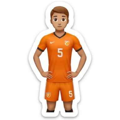 Apple iOS style 22 year old soccer player standing hands on waist, orange jersey #5, stadium lighting sticker