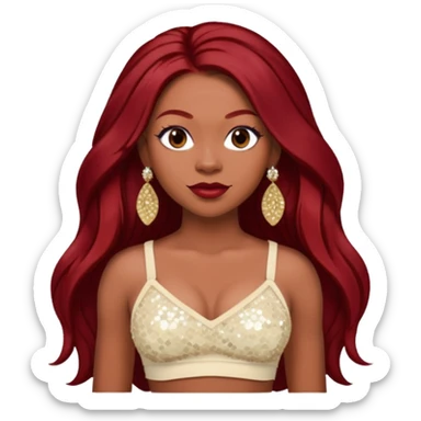 LaTavia Robeson with long dark red hair, ivory sequin crop top, ivory earring sticker