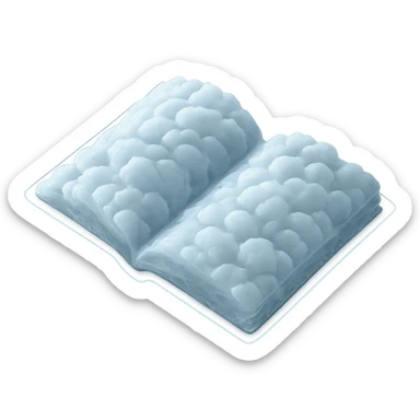 top view of a thick open book made entirely of small, very bright white fluffy convex clouds, matte glass style sticker