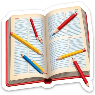 Create a detailed and vintage-inspired emoji representing comic books and graphic novels as a storytelling art form. The design should feature a large, open comic book with pages filled with classic American comic book panels. Include bold, dynamic lines and vibrant colors typical of vintage comics. A pencil (without a hand) should be writing text on the page, symbolizing the creation of the story. The overall design should evoke the classic feel of old-school comic books while incorporating the process of creating a graphic novel. Use rich, bold colors like red, yellow, and blue, and make the background transparent sticker