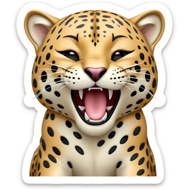 Cinematic Cute Yawning Jaguar Portrait Emoji, Head tilted slightly with a dramatic, wide-open yawn, showcasing a lithe, graceful build with distinctive rosette patterns and sleepy, half-closed eyes, Simplified yet irresistibly adorable features, highly detailed, glowing with a soft, cozy wild glow, high shine, relaxed yet expressive, stylized with a dash of whimsical feline charm, soft glowing outline, capturing the essence of a drowsy yet affectionate guardian that appears ready to stretch out for a nap! sticker