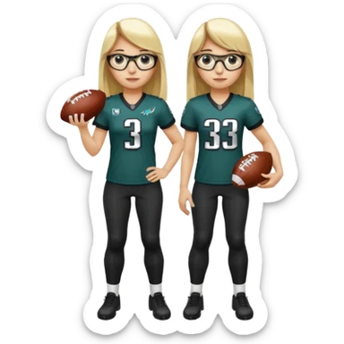 full length women wearing eagles uniform, long blonde hair, straight bangs, black glasses, holding football, number 33 sticker