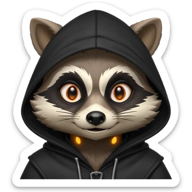 gothic thief raccoon portrait, head and shoulders only, dark hood, glowing eyes, mysterious sneaky grin, 3D cartoon, mobile game icon style, clean background, no text, no watermark
 sticker