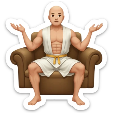fullbody jacked bald guy, sleeveless and unbuttoned in full white robe sitting sticker