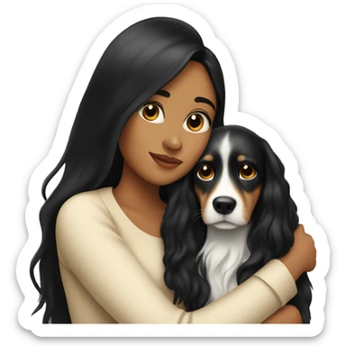 pretty woman with very long black hair and caramel skin hugging a dog sticker