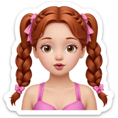 A cute ukrainian girl, with long auburn hair two side ponytails plaited, in her pink bathing costume, she's blowing a kiss. sticker