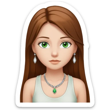 A girl with long brown straight hair, green eyes, and a white tank top; she doesn't have bangs. she wear a lot of silver jewerly  sticker