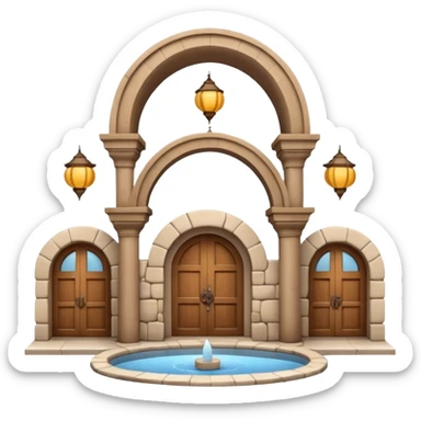 3D Apple-style emoji of a full traditional Turkish han. Rounded stone building with arched wooden doors and windows, small courtyard, fountain, arches, and hanging lanterns. Glossy, smooth, soft shadows, clean white background.






 sticker