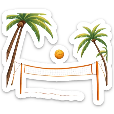 A volleyball resting on the orange sand ground of a beach, with a volleyball net in the background. The scene captures a sunny beach atmosphere with clear blue sea and sky, palm trees swaying, and people in swimsuits enjoying the vibrant surroundings sticker