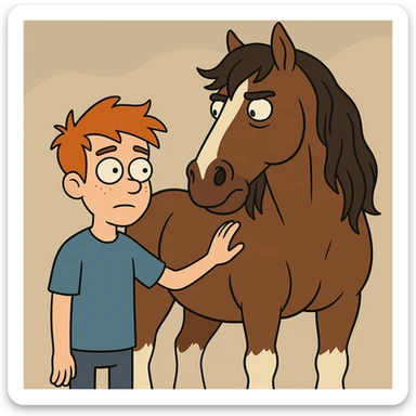 A boy orange hair blue shirt Clydesdale horse sticker