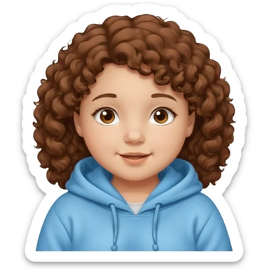 A girl with brown curly hair and chubby cheeks brown eyes and a happy face she has a baby blue hoddie sticker