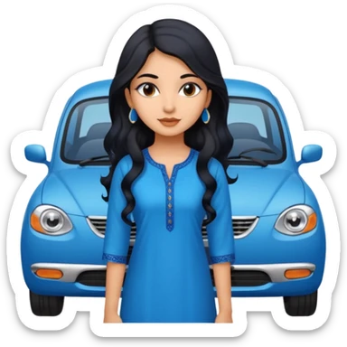 a pretty indian bratz girl with wavy long black hair. wearing a blue kurti, eyeliner on, indian auto behind her sticker