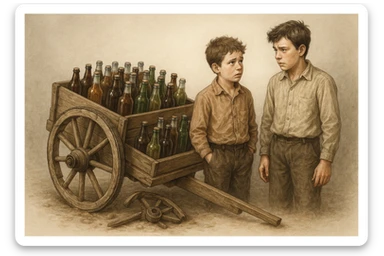 Bir g'ildiragi singan ichimliklar ortilgan arava uning yonida aka uka bir biriga havotirli nigoh bilan qarab turibdi realistik uslubda sticker