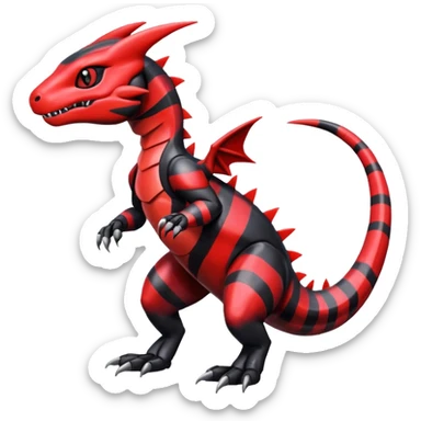 Cute Shiny striped black and red iridescent Guilmon-Salandit-Fakémon-hybrid-creature (full body)  sticker