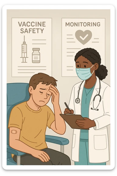 Vertical, educational medical illustration: a healthcare professional observes a patient who appears unwell after receiving a vaccine. The patient sits in a clinic chair, showing mild symptoms such as fatigue or headache, while the professional takes notes and offers reassurance. The background includes educational posters about vaccine safety and monitoring. sticker