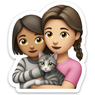 A girl with dark brown hair hugs a gray tabby cat with a pink nose and green eyes sticker